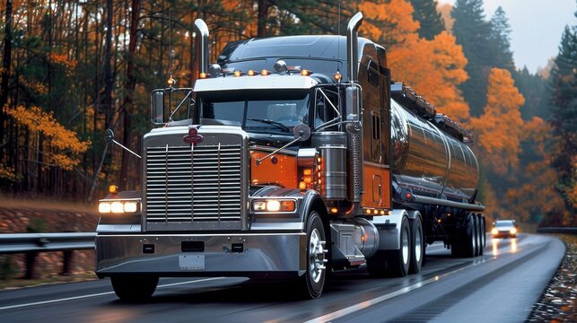 Semi truck with silver tanker trailer on highway for logistics and trucking industry