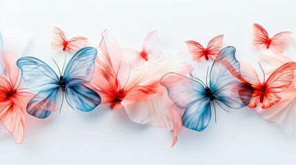 Obraz premium A trio of red, white, and blue butterflies dances on a pastel blue canvas, inviting space for text or graphics