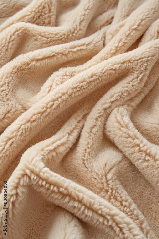 Aufkleber Close-up view of beige fabric with curled texture. Folded fabric reveals intricate weave pattern with small loops and cords. Fabric details take center stage against blurred background.