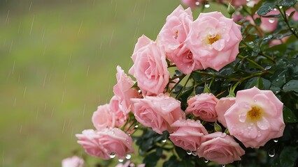 Pink roses grow on a bush in natural conditions with raindrops on the petals soft contrast closeup background