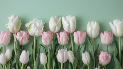 Obraz premium A cluster of pink and white tulips on a verdant backdrop, with a soft green wall as the background