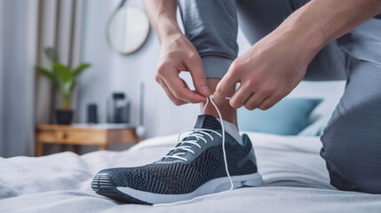 Fototapeta premium A man is tying his shoe in a bedroom