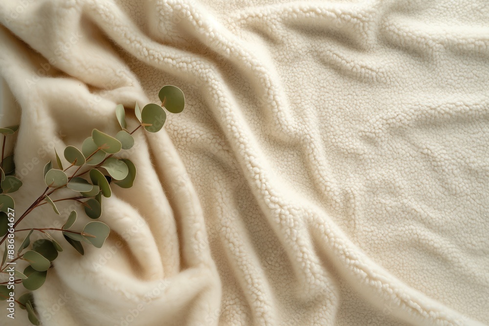 Poster white fabric folded neatly with single green leaf adds natural touch to smooth surface. soft texture