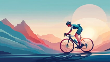 Fototapeta premium A lone cyclist rides along a picturesque mountain road with the warm hues of sunrise or sunset in the background, capturing the essence of adventure and solitude.