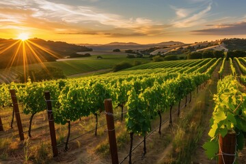 Fototapeta premium This captivating image shows a sunrise casting its golden rays over lush green vineyards, with rows of grapevines stretching across rolling hills and fields.