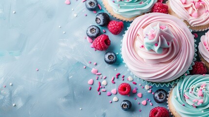   A cluster of cupcakes with frosting and raspberries on a blue base, adorned with pink and blue sprinkles