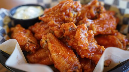 Fototapeta premium A delicious platter of crispy buffalo chicken wings is served with enticing blue cheese dipping sauce in a basket lined with checked paper for a tasty treat.