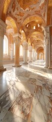 Fototapeta premium A long, narrow room with white marble floors and gold arches