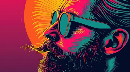  Man with glasses and beard on orange-pink background with sun in the background