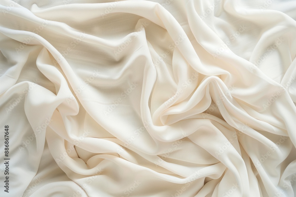 Poster white fabric texture close-up. wrinkled sheet or curtain with subtle gray tone at bottom right corne