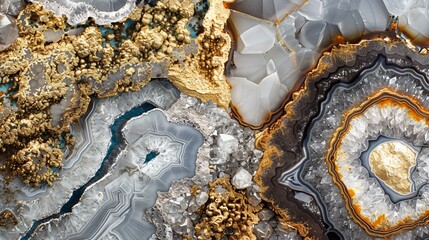 Obraz premium Cross-sections of metallic geodes in gold and silver, with crystalline textures and intricate details