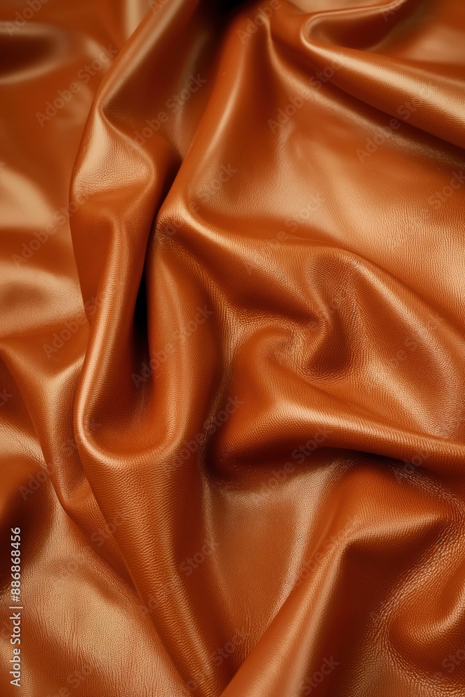 Poster close-up view of orange leather with textured edges. warm, natural color contrasts with light gray b