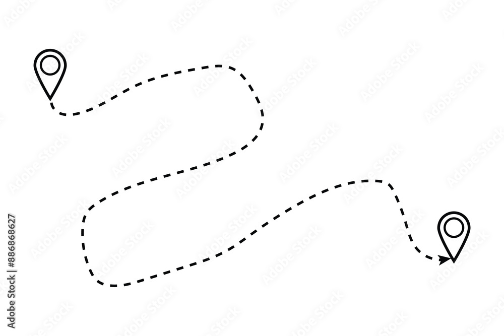 Poster route icon - two points with dotted path and location pin. gps navigation line route mark. eps 10. r