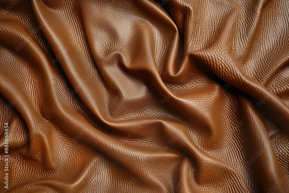 Aufkleber Brown leather fabric texture close-up. Earthy color with subtle variations. Smooth surface with slight curl adding texture. Neutral gray background highlights brown leather.