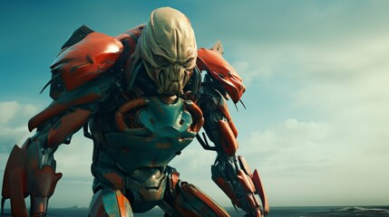 A monstrous, mechanical warrior surveys the horizon