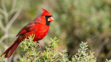  A red bird perches on a tree branch amidst a lush, green forest teeming with numerous leaf-filled trees