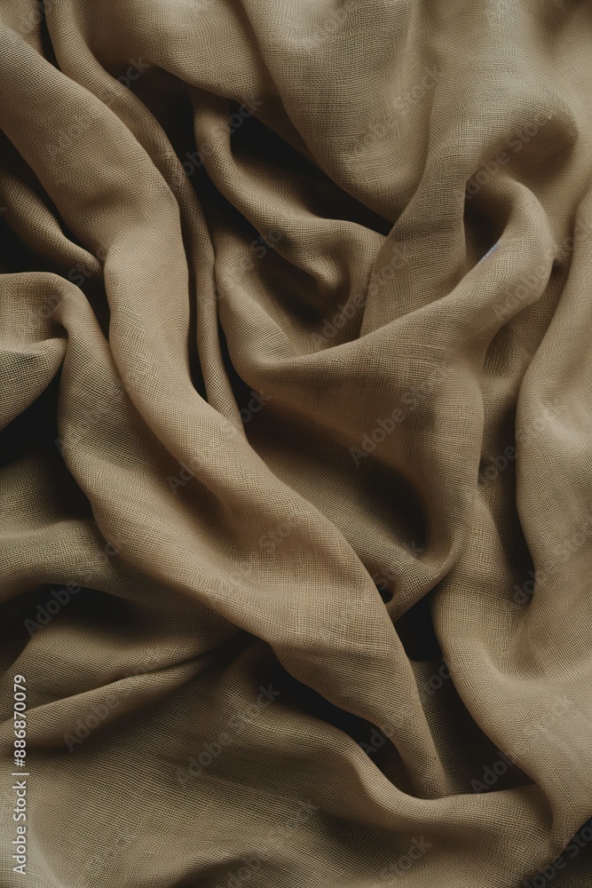 Poster close-up view of beige linen fabric with intricate texture folds. natural material with smooth surfa