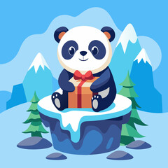  cute panda sitting on a hill of ice and open a gift box vector illustration 