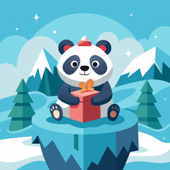 cute panda sitting on a hill of ice and open a gift box vector illustration 
