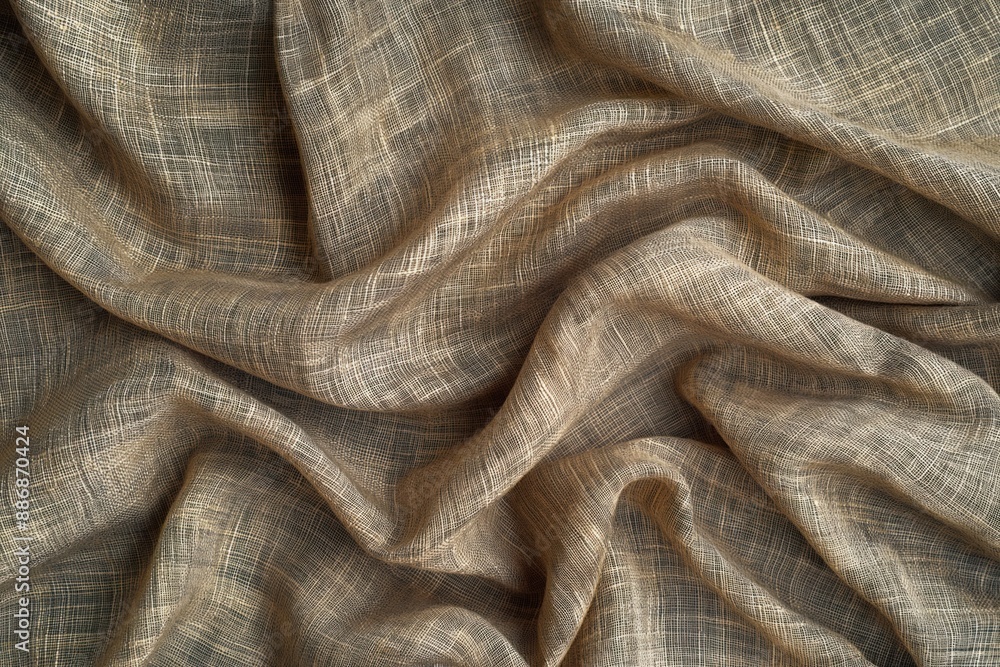 Poster Beige linen fabric texture close-up. Crinkled surface with subtle pattern adds depth to design. Blurred background highlights intricate details of natural material.
