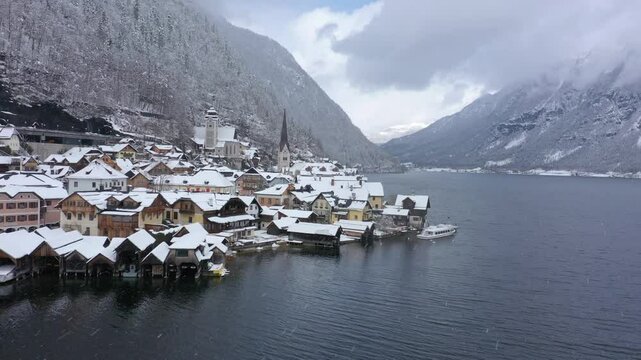 Aerial video of world heritage village at Hallstatt lake, Austria. Aerial footage from drone.