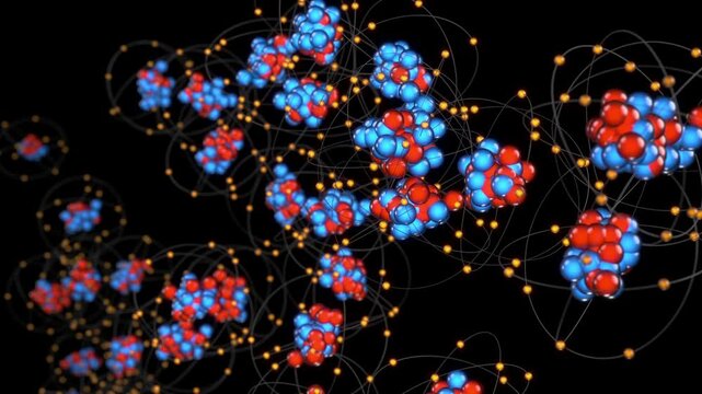 Atomic model 3d animation loop Bohr atom with electrons orbiting the nucleus particles, can represent power, radioactivity, or microscopic scale