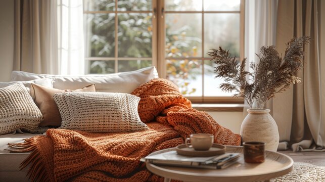 comfortable living space, inviting living room with plush sofa and warm color scheme, ideal for cozy evenings with hot cocoa, great for relaxing