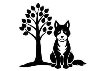 A cute Rocky dog sitting under a tree vector silhouette white background