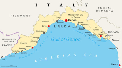 Obraz premium Liguria and the Italian Riviera, the Ligurian Riviera, political map. Region of north-western Italy, with capital Genoa. A narrow coastal strip between Ventimiglia and La Spezia, on the Ligurian Sea.