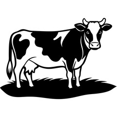 A cow standing in a green field vector silhouette