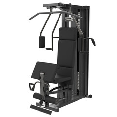 Gym multifunctional machine. Fitness, cardio and muscle building machines, equipments set at gym. Workout and training concept. 3d render illustration.