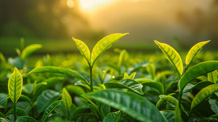 Obraz premium Tea plantation in early morning light, Green buds and leaves of tea at morning on plantation
