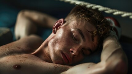 Looks like a knockout Cropped shot of a handsome young male boxer lying in the ring with his eyes closed after a fight - Powered by Adobe