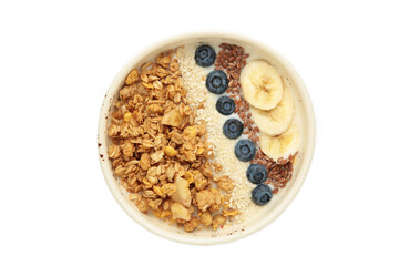 Granola with fresh summer berries in a bowl isolated on white background. Concept of healthy breakfast food