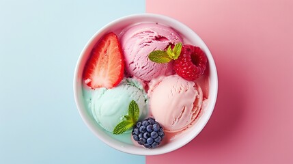 A bowl of colorful ice cream adorned with fresh strawberries and raspberries, garnished with mint leaves on a pastel pink and blue backdrop