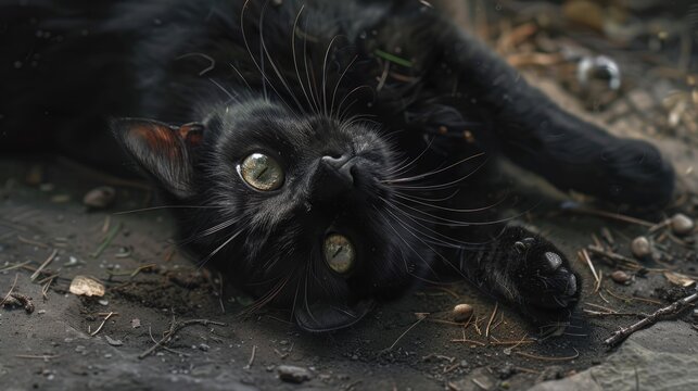While making eye contact with a black cat rolling on the ground