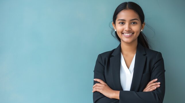Confident South Asian Businesswoman Posing in Formal Attire Against Blue Background for Professional Use