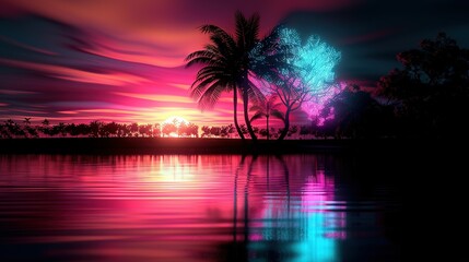 Naklejka premium Sunset with palm trees mirrored in the water, pink-blue sky, distant sun