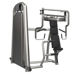 Seated chest press machine isolated on White Background. Fitness, Cardio and Muscle Building Machines. Exercise and Gym Concept. 3d Render Illustration.