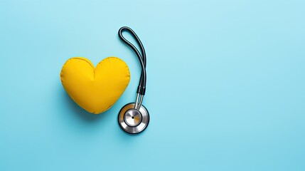 A yellow stethoscope with a heart-shaped paper cutout placed