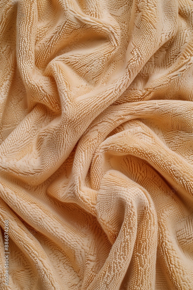 Aufkleber Close-up view of beige fabric with subtle sheen. Folded half revealing intricate pattern. Blurred background focuses on texture details. Microfiber cloth with smooth surface covering frame.