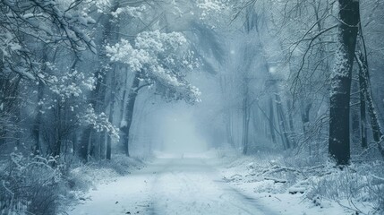 Obraz premium A wintry forest path lined with frost covered trees and blanketed in snow leads into the heart of a freezing blizzard