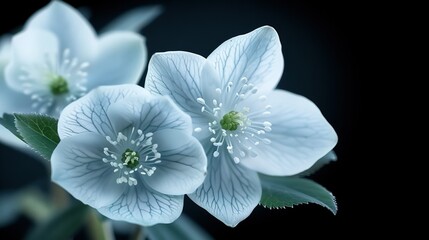   A close-up of two blue flowers with green leaves on a black background, along with a white flower with a green center