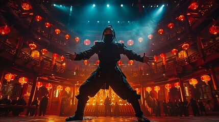 Intense moment of a stunt performer in a martial arts showdown, demonstrating combat skills and intensity. Illustration, Image, , Minimalism,