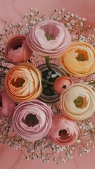 Tender ranunculus flowers in vase on pink background bunch of persian buttercup in floral arrangements top view
