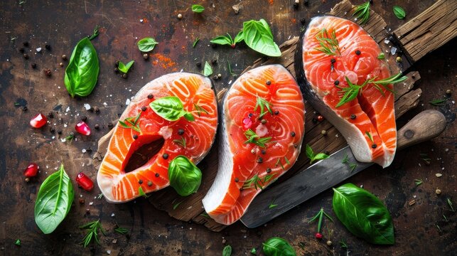 Raw salmon steaks with green herbs on wooden table with knife Red omega fish steaks for healthy omega diet
