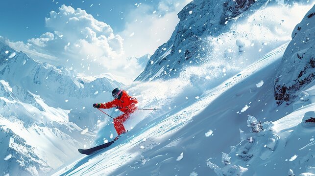 High-octane scene of a stunt performer skiing down a steep slope, with snow spraying and winter scenery, showcasing extreme sports action. Illustration, Image, , Minimalism,