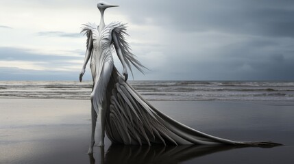 A woman in a feathered gown stands on a beach