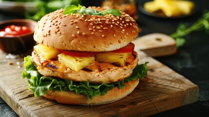 Plump burger with chicken breast pineapple cheese lettuce and sauce on a wooden board Cheeseburger with sesame bun