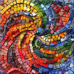 A vibrant mosaic artwork with a swirling pattern, featuring a variety of colorful tiles arranged in an intricate design